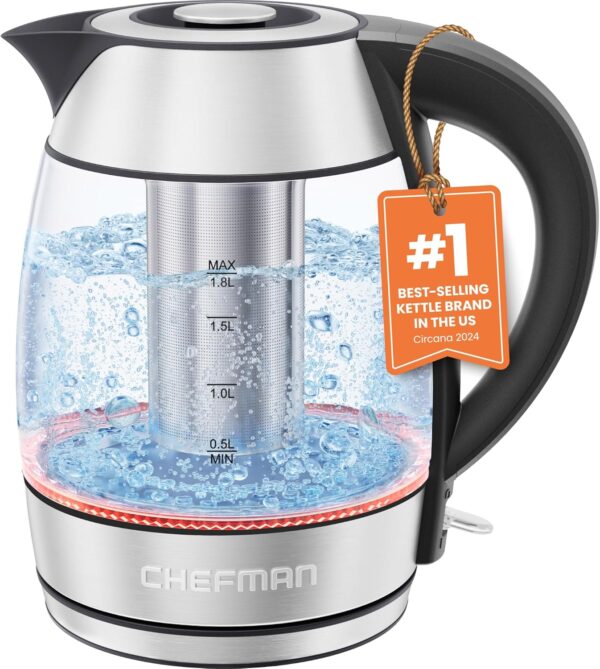 Chefman Glass Electric Kettle for Boiling Water, 1.8L with Tea Infuser, Keep Warm Function, Hot Water Boiler, Electric Tea Kettle